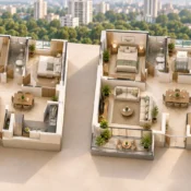 Two furnished apartment models comparing a two-bedroom layout on the left with a three-bedroom layout on the right.